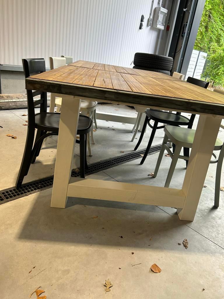 Stoere steenschotten tafel met 6 café stoelen, Huis en Inrichting, Tafels | Eettafels, Ophalen, 200 cm of meer, 50 tot 100 cm
