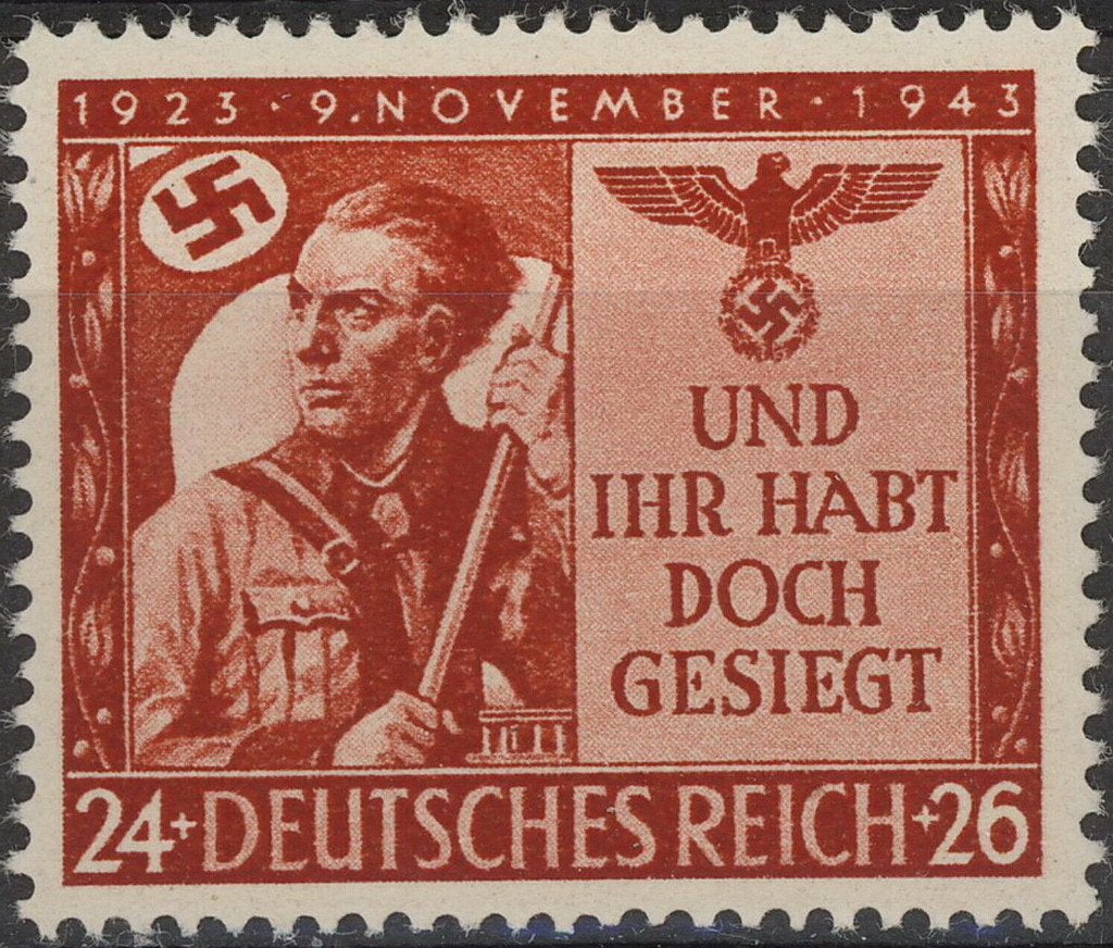 Duitse Zegel uit 1943 "Bierhalle Putsch 1923" (DR 863) - 01, Verzamelen, Ophalen of Verzenden, Overige soorten, Duitsland, Embleem of Badge