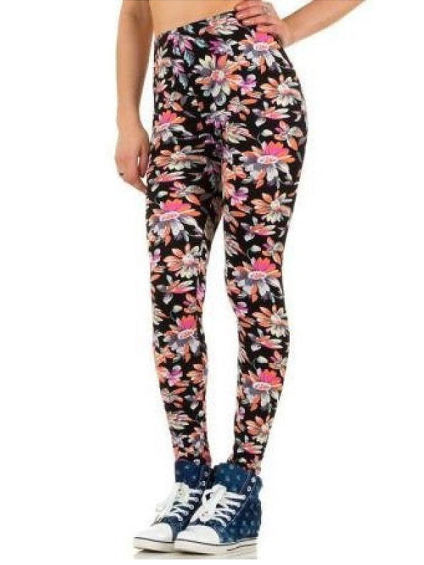 Zwarte Legging met gekleurde Bloemen One Size (098), Legging, Overige kleuren, Nieuw, Ophalen of Verzenden