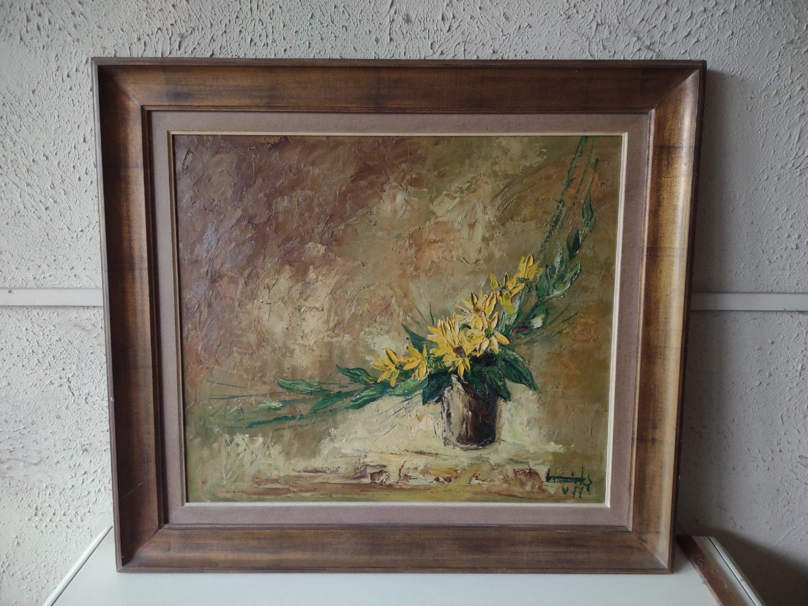 Schilderij met gele bloemen in vaas, gesigneerd, Antiek en Kunst, Kunst | Schilderijen | Klassiek, Paneel, Olieverf, Klassiek