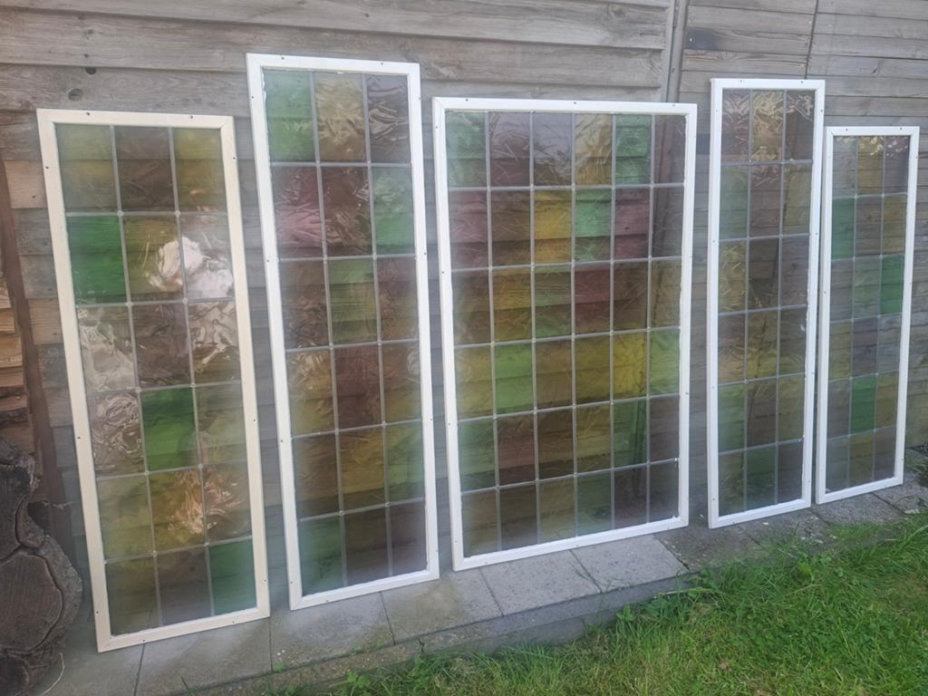 6 nette glas in lood voorzetramen, Doe-het-zelf en Verbouw, Glas en Ramen, Ophalen, Gevelraam of Ruit, Gebruikt, Glas in lood