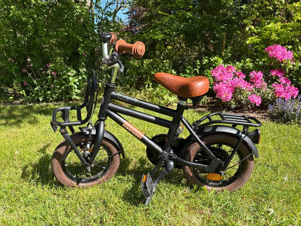 Supersuper cooper 12 inch fiets matzwart met zijwieltjes, Ophalen, Terugtraprem, Zijwieltjes, Gebruikt