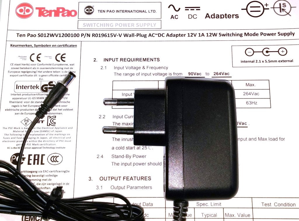 Ten Pao S012WV1200100 12V 1A 12W AC DC Adapter Lader Voeding, Ophalen of Verzenden, Zo goed als nieuw