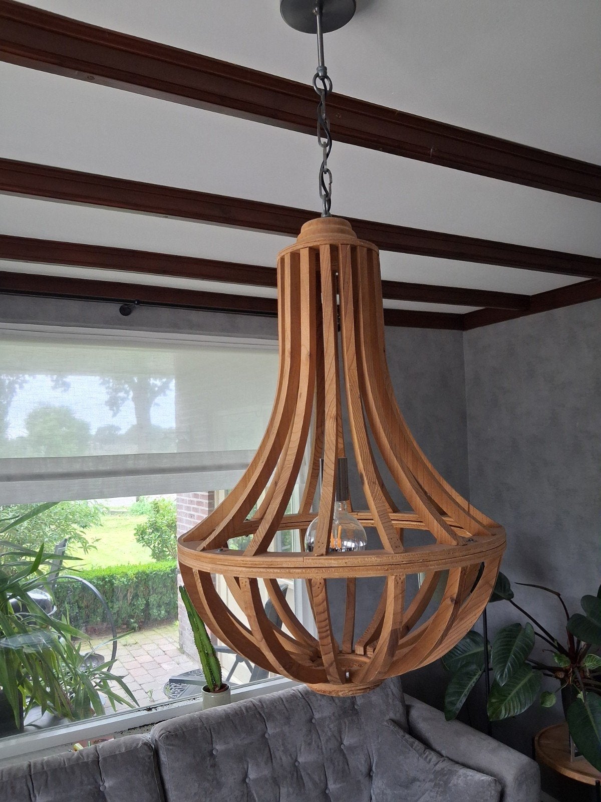 Leuke houten hanglamp., Huis en Inrichting, Lampen | Kroonluchters, Ophalen, Zo goed als nieuw