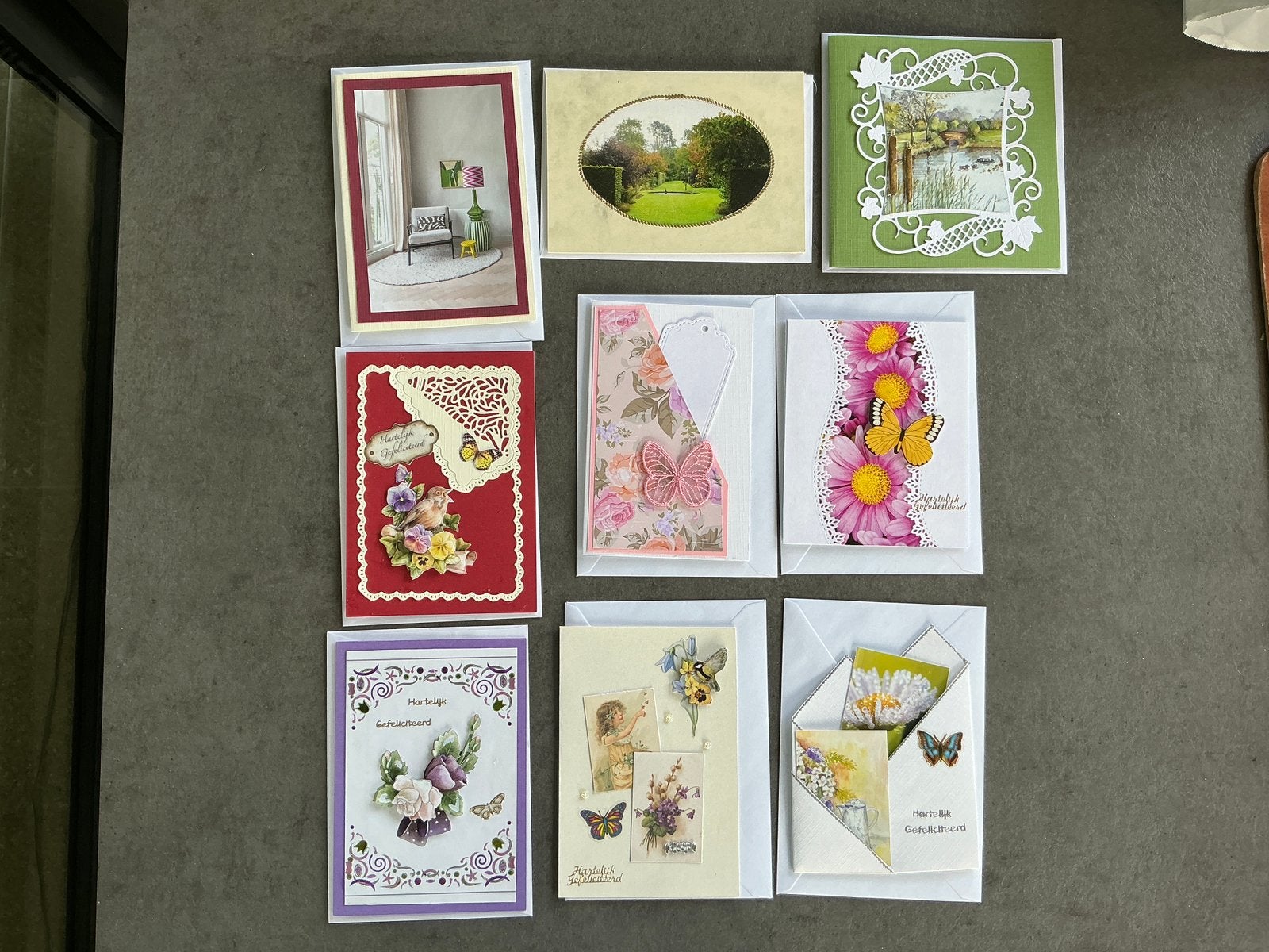 9 zelfgemaakte kaarten - blanco & felicitatie = € 5,00 (KWF), Ophalen of Verzenden, Nieuw, Overige thema's