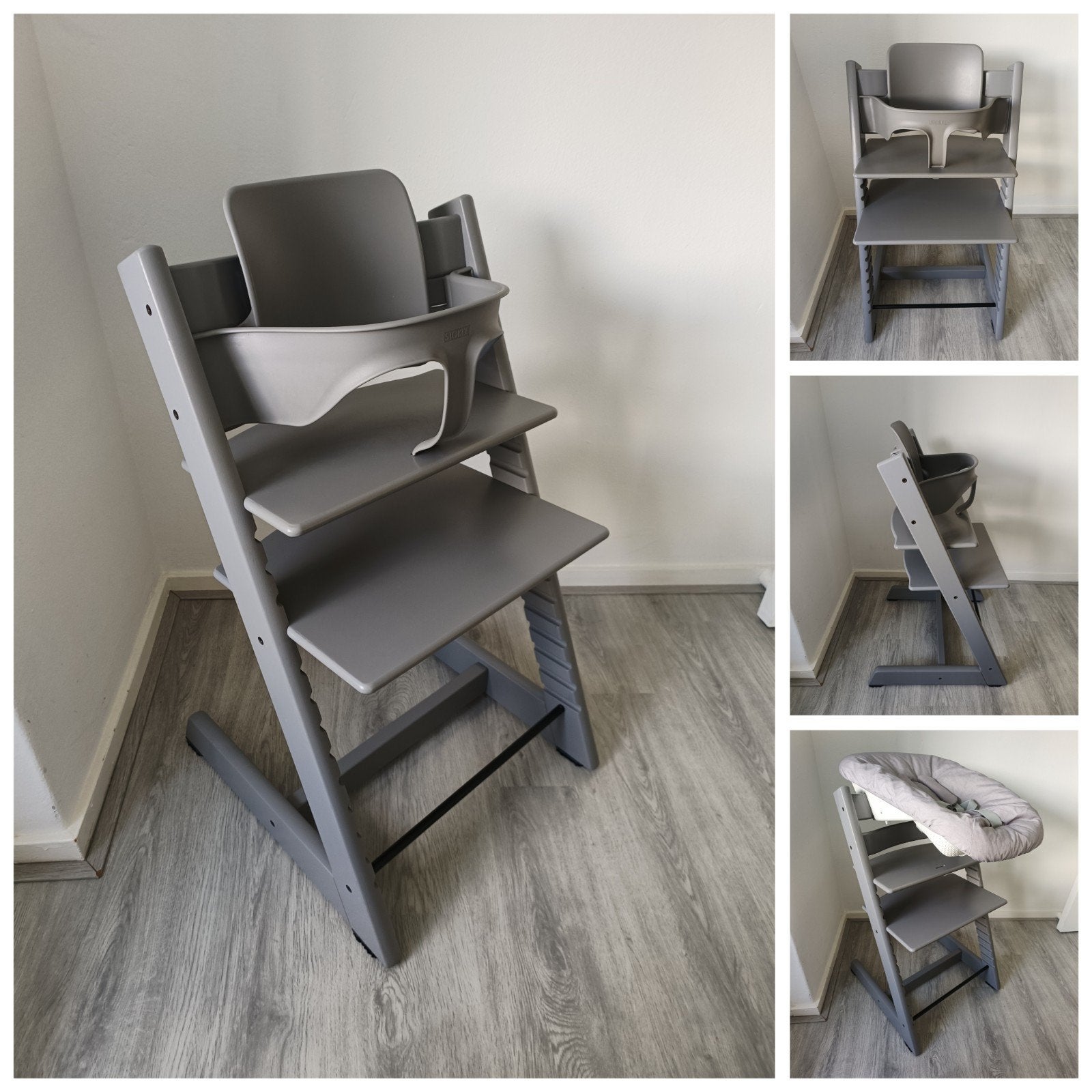 ZGAN!Stokke Tripp Trapp storm grey+babyset,2standen newborn, Meegroeistoel, Ophalen of Verzenden, Zo goed als nieuw, X