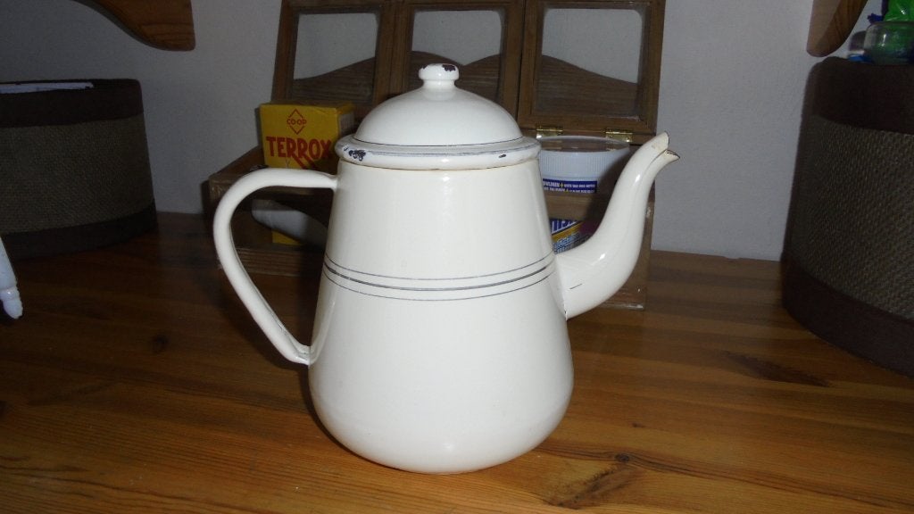creme emaille theepot met bies H18cm, Ophalen of Verzenden
