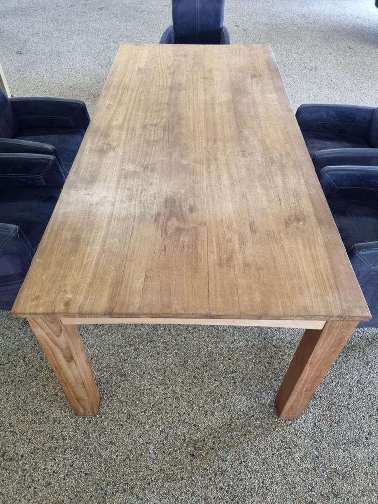 Eettafel teakhout en 6 gratis stoelen, Ophalen, Gebruikt, Teakhout, 200 cm of meer