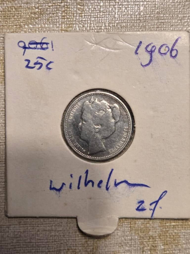 Zilveren 25 cent munt Koningin Wilhelmina 1906, Postzegels en Munten, Munten | Nederland, Zilver, 25 cent, Ophalen of Verzenden