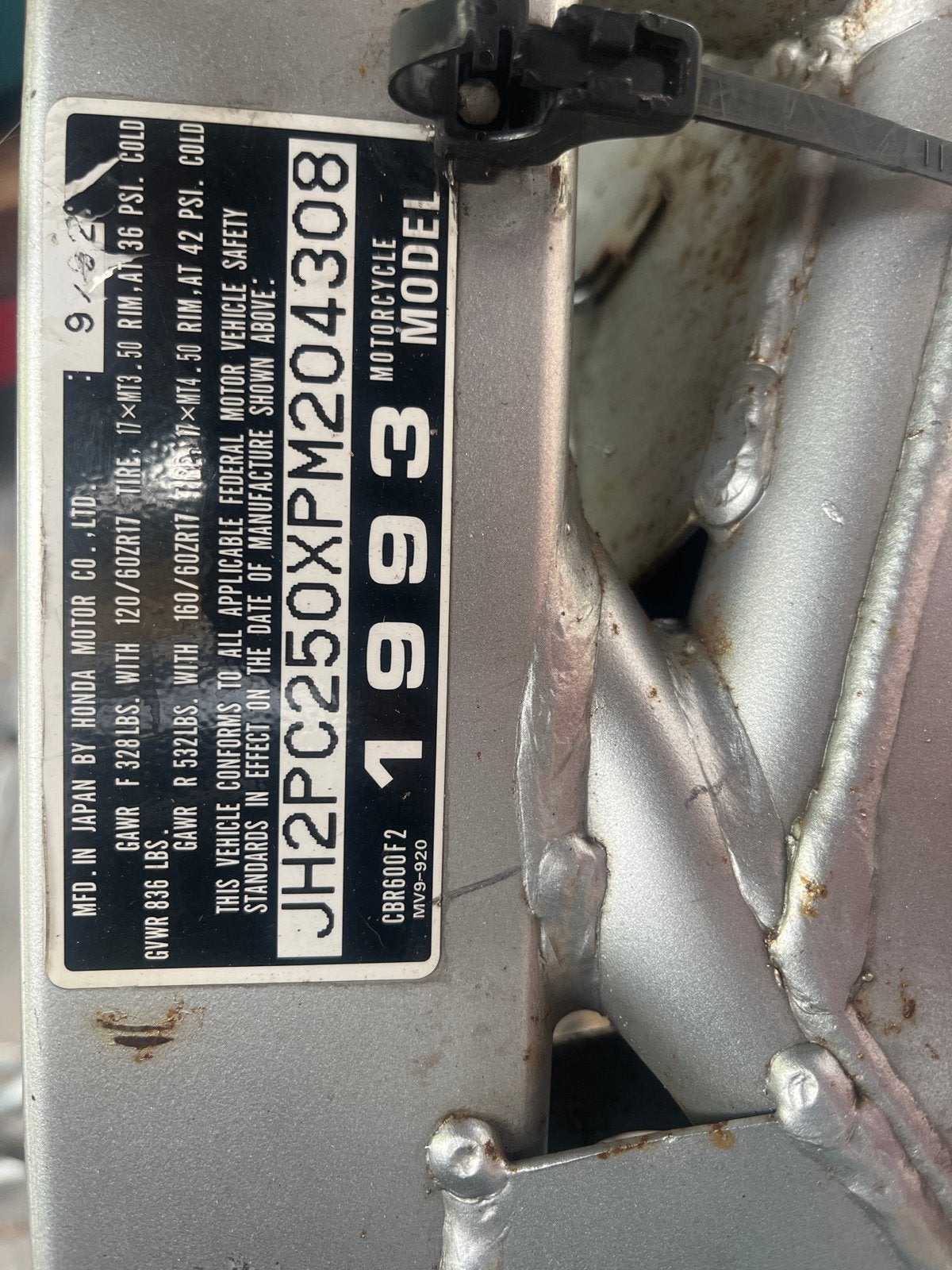 Honda CBR600F2 frame 1993 met compleet kenteken, Motoren, Ophalen, Gebruikt