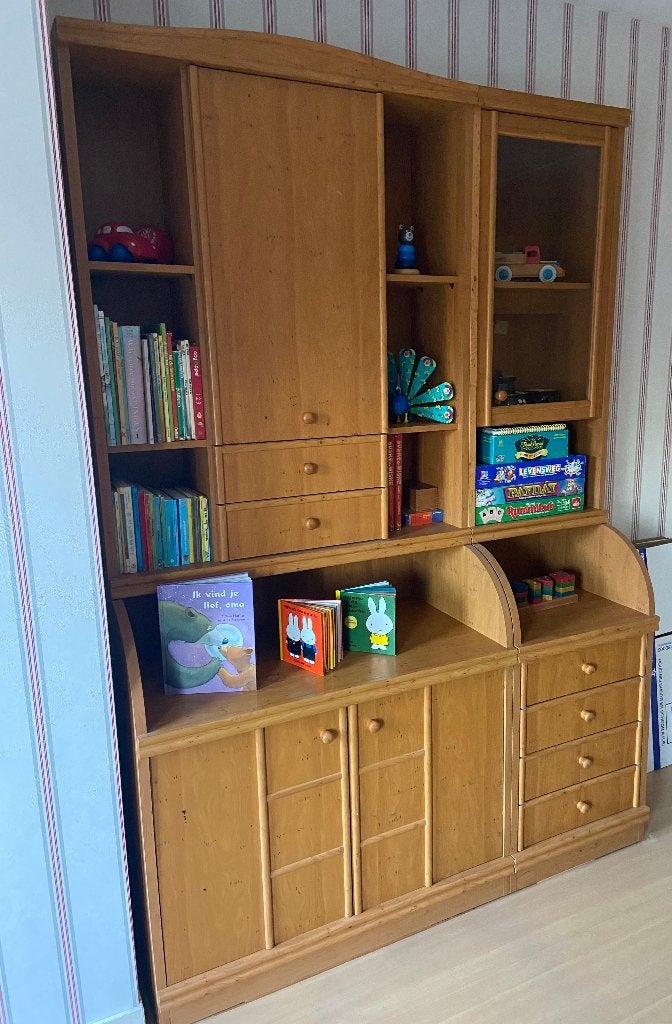 Houten vintage boekenkast/vitrinekast met lades, Antiek en Kunst, Antiek | Meubels | Kasten, Ophalen