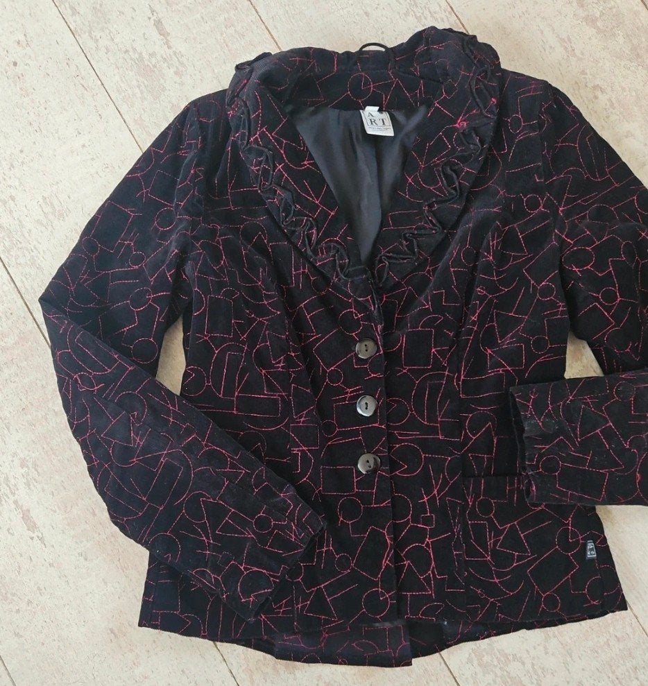 Vintage Art Zwarte Blazer met Roze Geometrisch Patroon, Kleding | Dames, Jasjes, Kostuums en Pakken, Ophalen of Verzenden