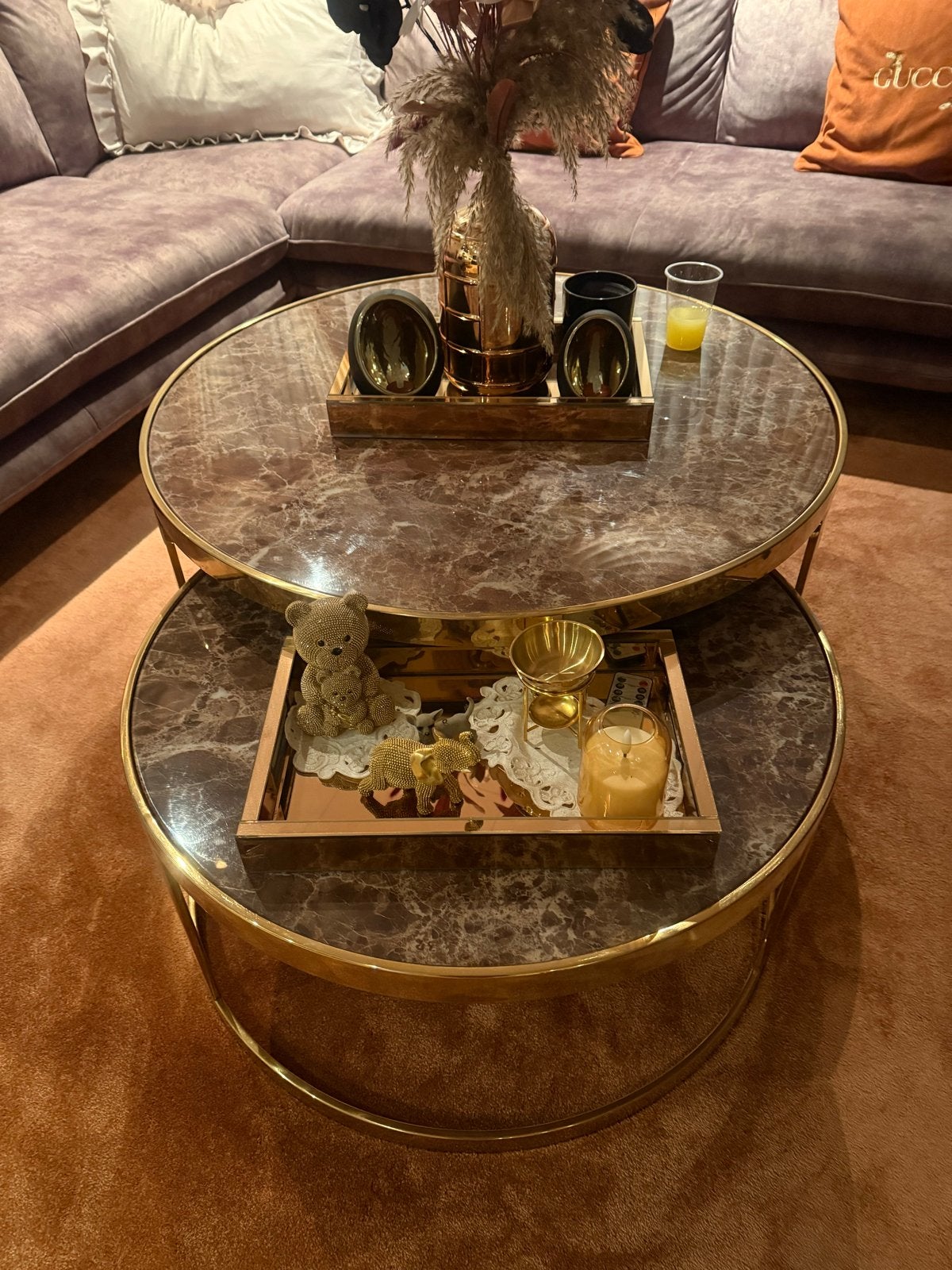Set van 2 marmeren salontafels met gouden onderstel, Ophalen, 50 – 75, Rond, 50 tot 100 cm