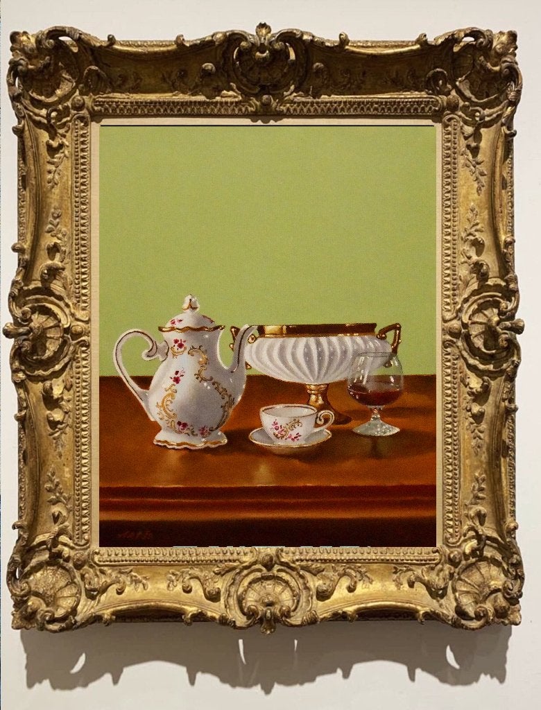 "Een koffiepot, een kopje en een glas cognac"., Antiek en Kunst, Stilleven, Verzenden, Olieverf, Handgeschilderd