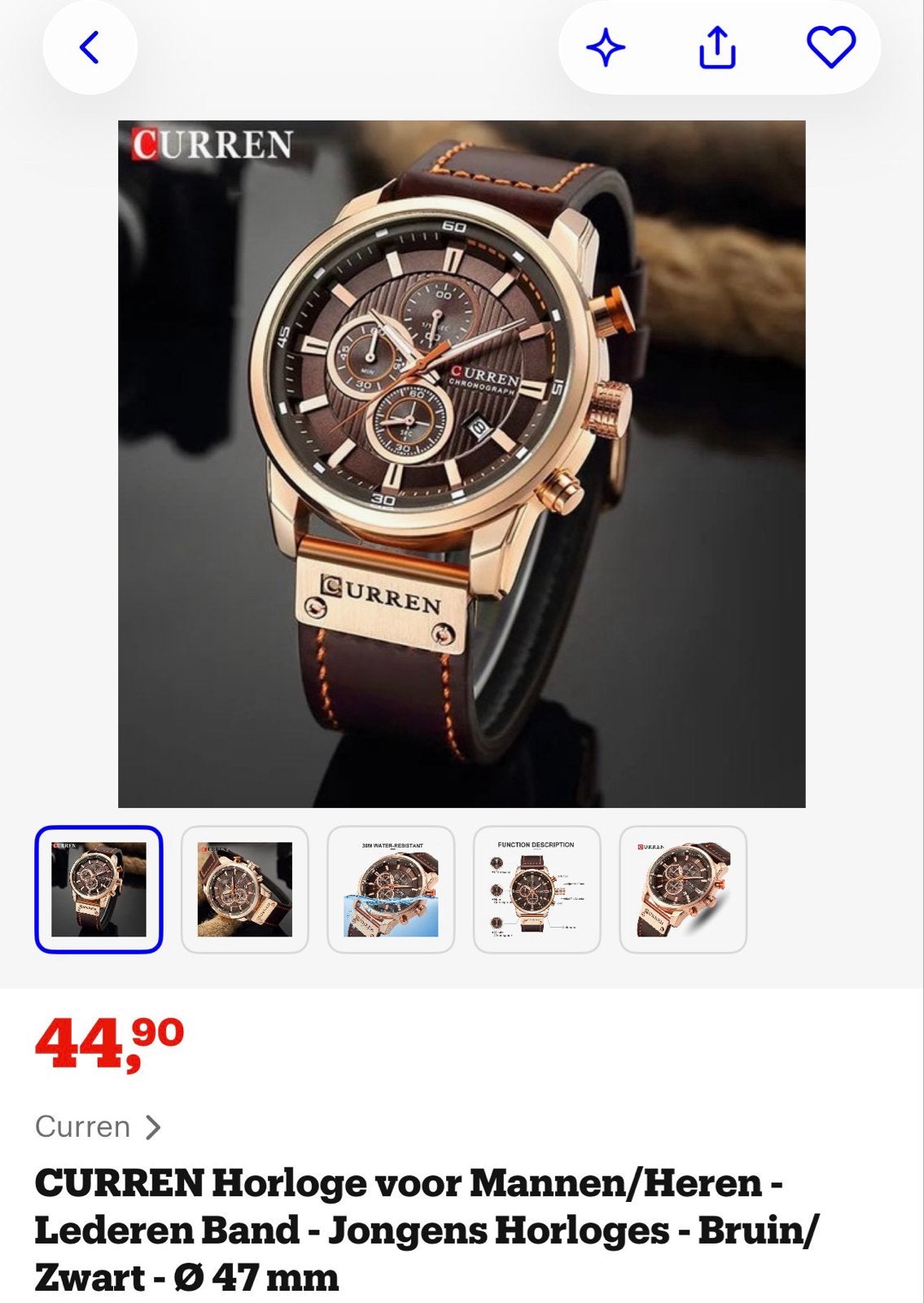 CURREN Heren Horloge - Bruin/Zwart - Ø 47 mm, Overige merken, Overige materialen, Leer, Polshorloge