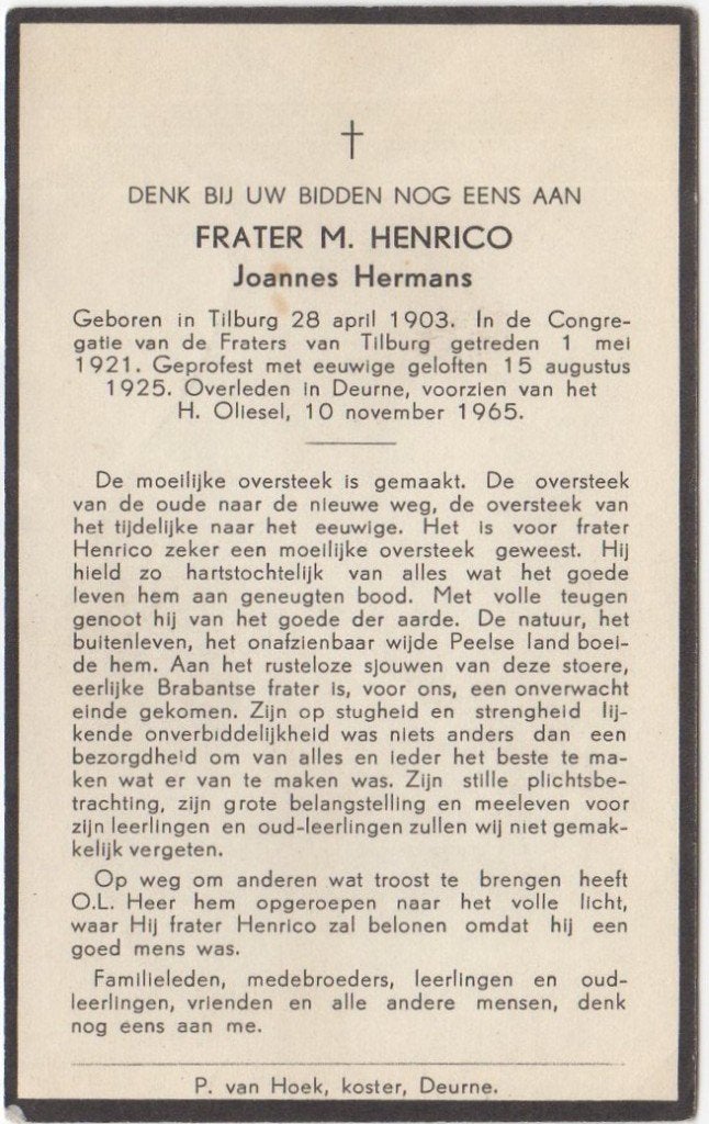 frater Joannes Hermans 1903 Tilburg + 1965 Deurne, 62 jaar, Verzamelen, Bidprentjes en Rouwkaarten, Verzenden