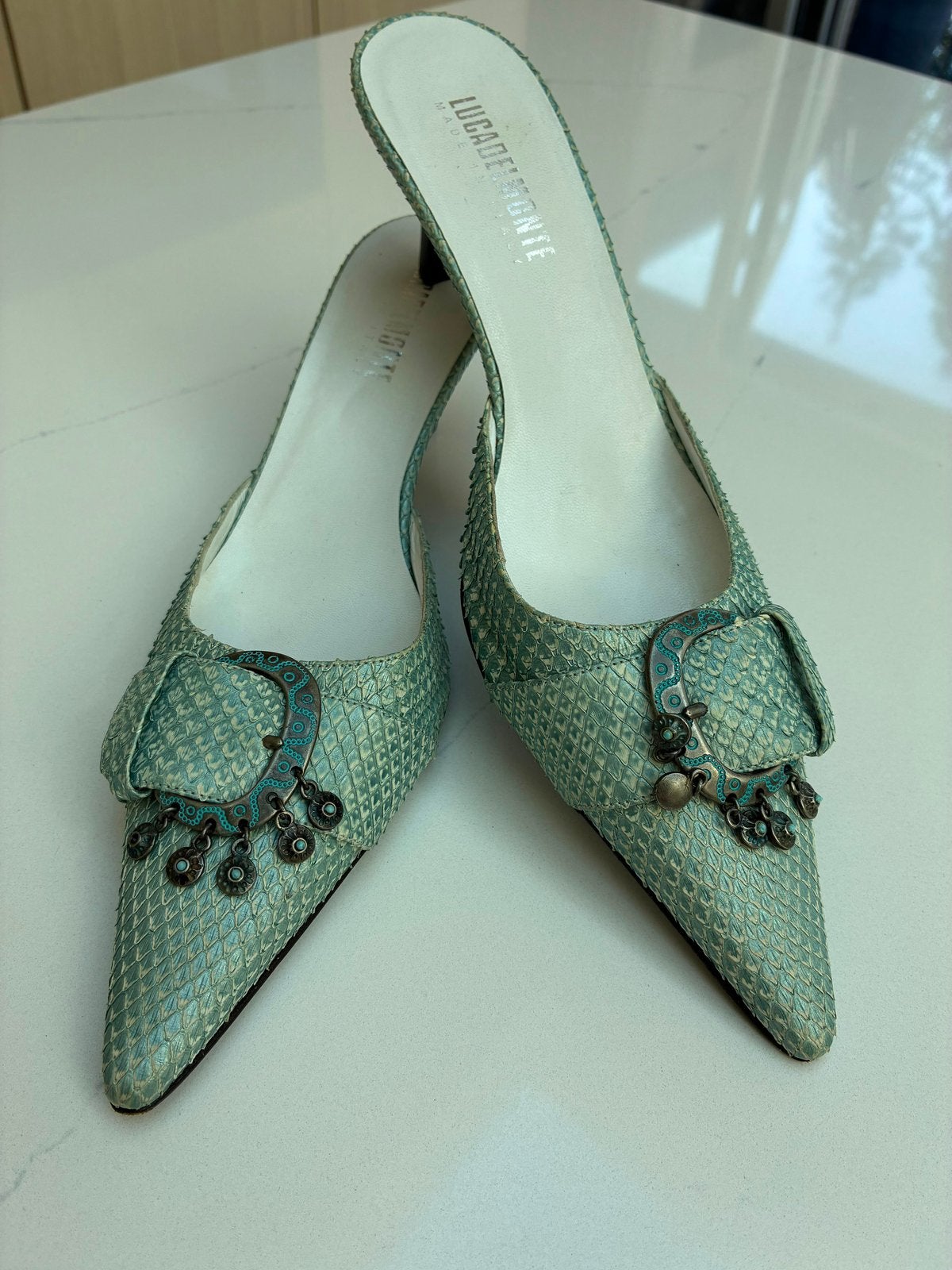 Vintage Luca Del Monte slangenleren muiltjes maat 37, Blauw, Zo goed als nieuw, Sandalen of Muiltjes, Ophalen of Verzenden