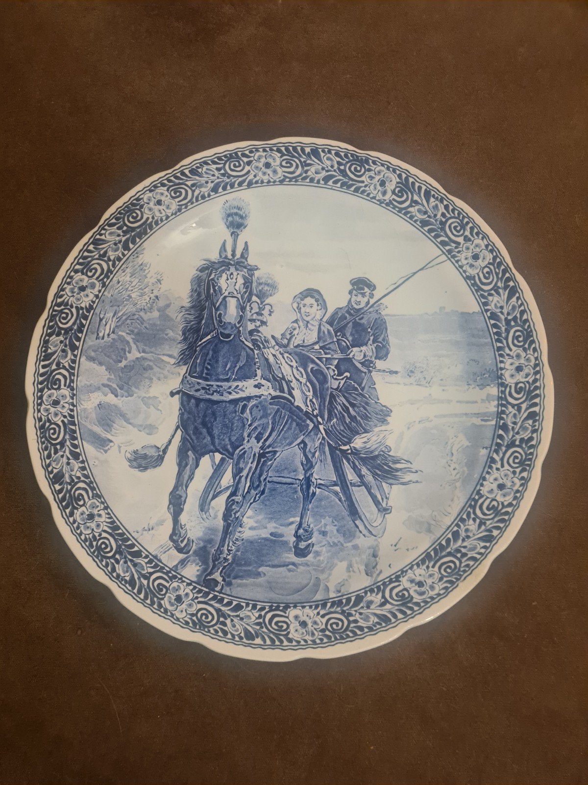 Antiek Delfts Blauw bord met paard en wagen, Ophalen of Verzenden