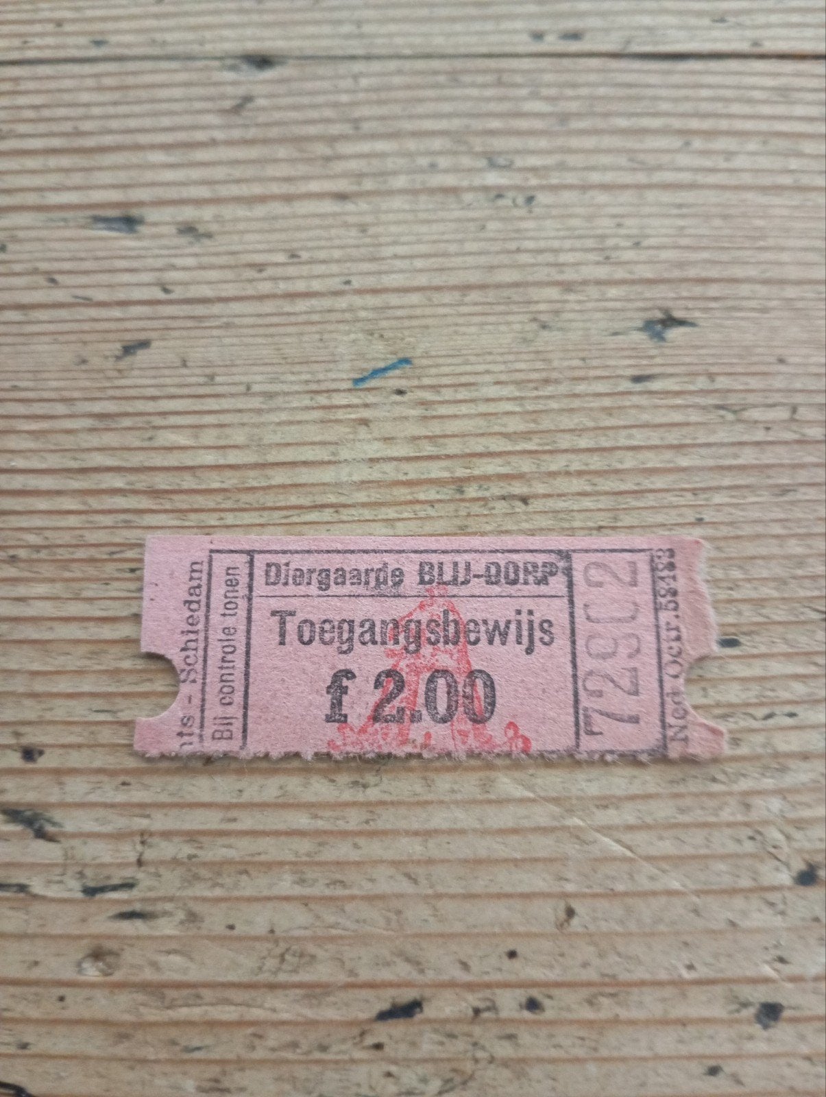 Vintage Diergaarde Blij-dorp Toegangsbewijs 1950 fl 2,00, Ophalen of Verzenden, Gebruikt, Reclamebord