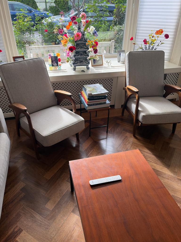 Set van 2 vintage Danish design fauteuils., Huis en Inrichting, Stoelen, Ophalen, Gebruikt, Twee, Grijs