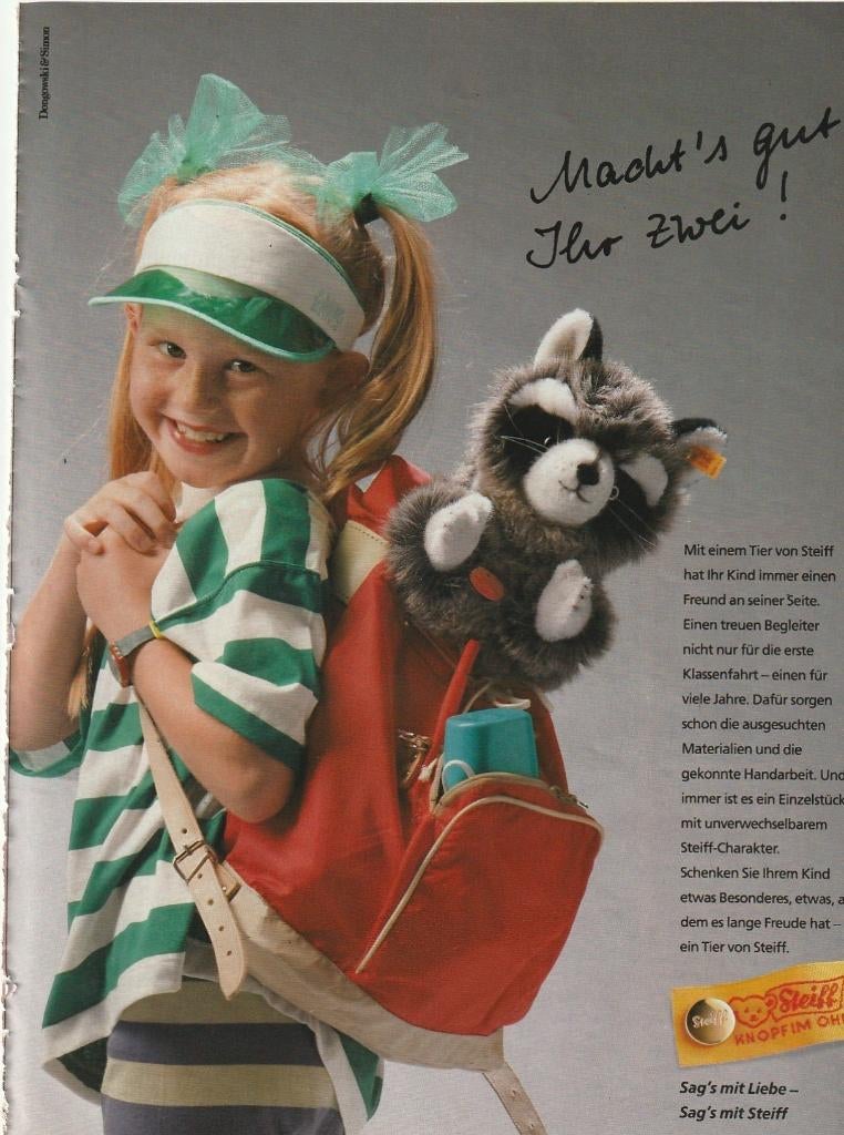 Retro reclame 1990 Steiff speelgoed knuffel wasbeertje, Verzamelen, Retro, Overige typen, Verzenden