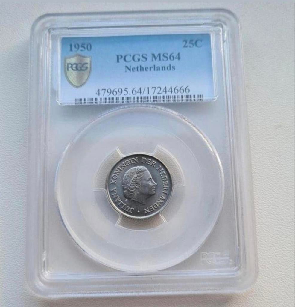 25 cent 1950 PCGS MS64 POP 2/4 VASTE PRIJS, Ophalen of Verzenden, Koningin Juliana, 25 cent, Losse munt