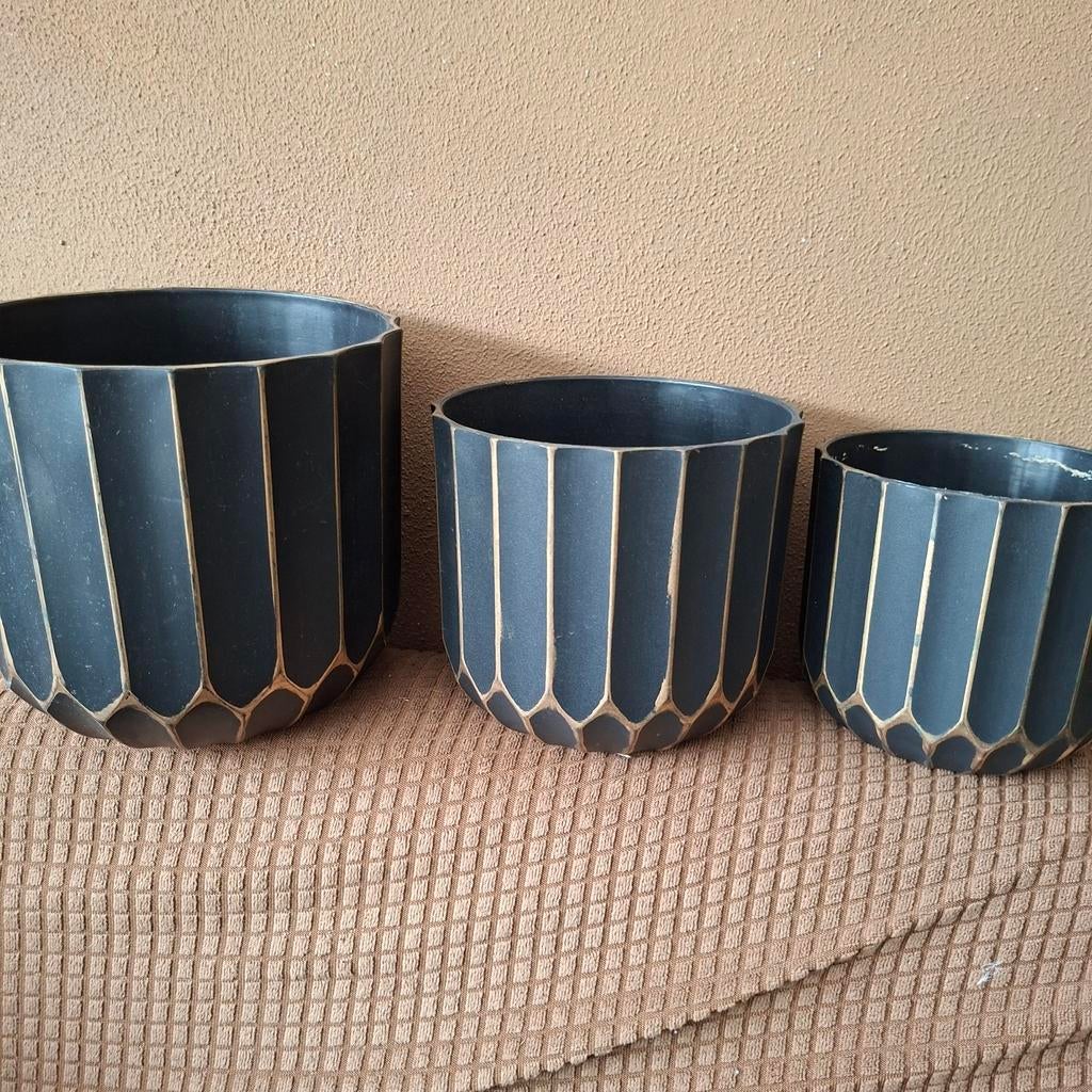 Set van 3 zwart gouden potten, Tuin en Terras, Bloempotten, Ophalen, Rond, Aardewerk, Minder dan 40 cm