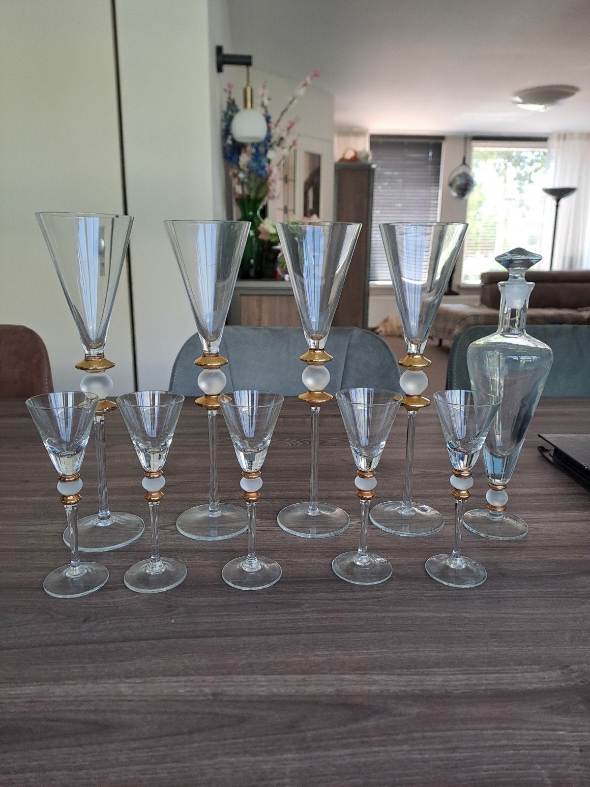 Glaskristal Champagne/Likeurglazen met Gouden Dec. en K, Ophalen