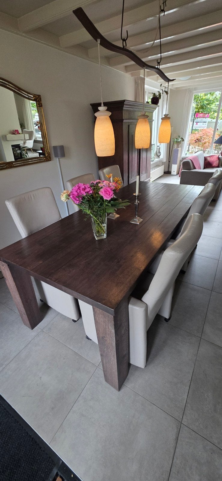 Moderne eettafel met 6 leren stoelen., Modern, Klassiek, Gebruikt, Overige kleuren, Leer