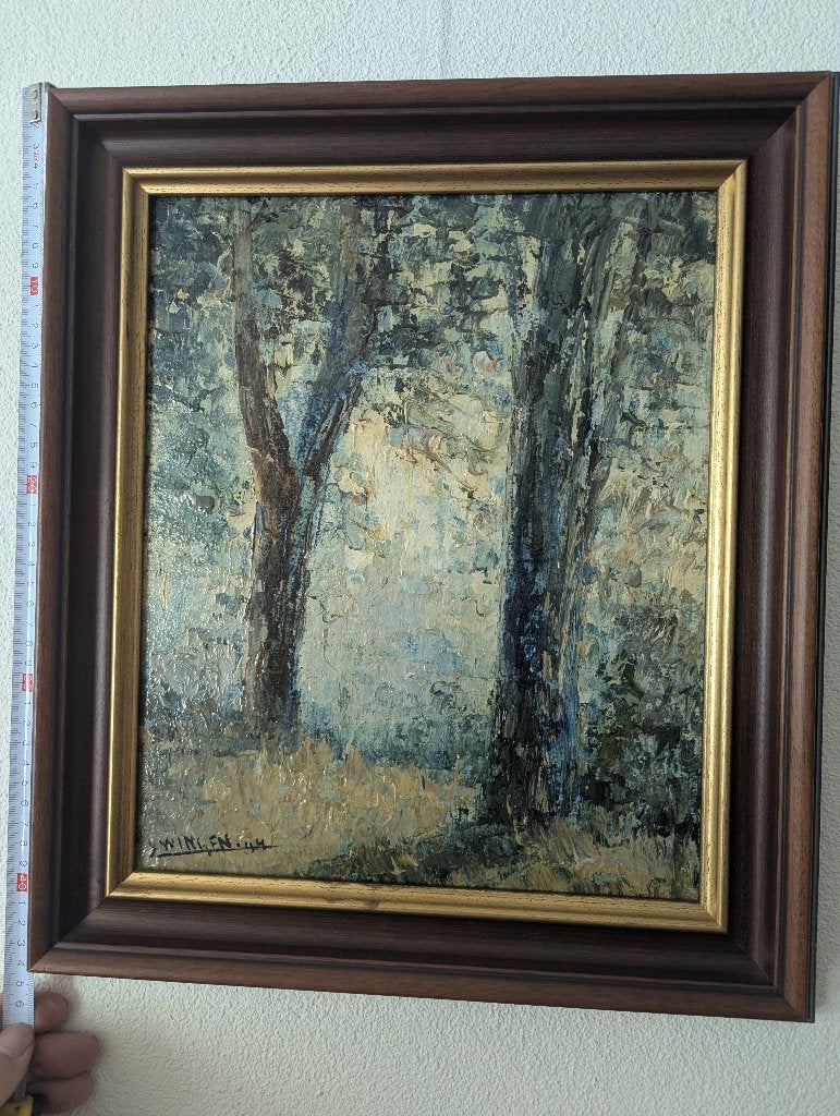Olieverfschilderij: Bosgezicht van J. Swingen (1944), Antiek en Kunst, Ophalen, Doek, Realistisch, Gedateerd