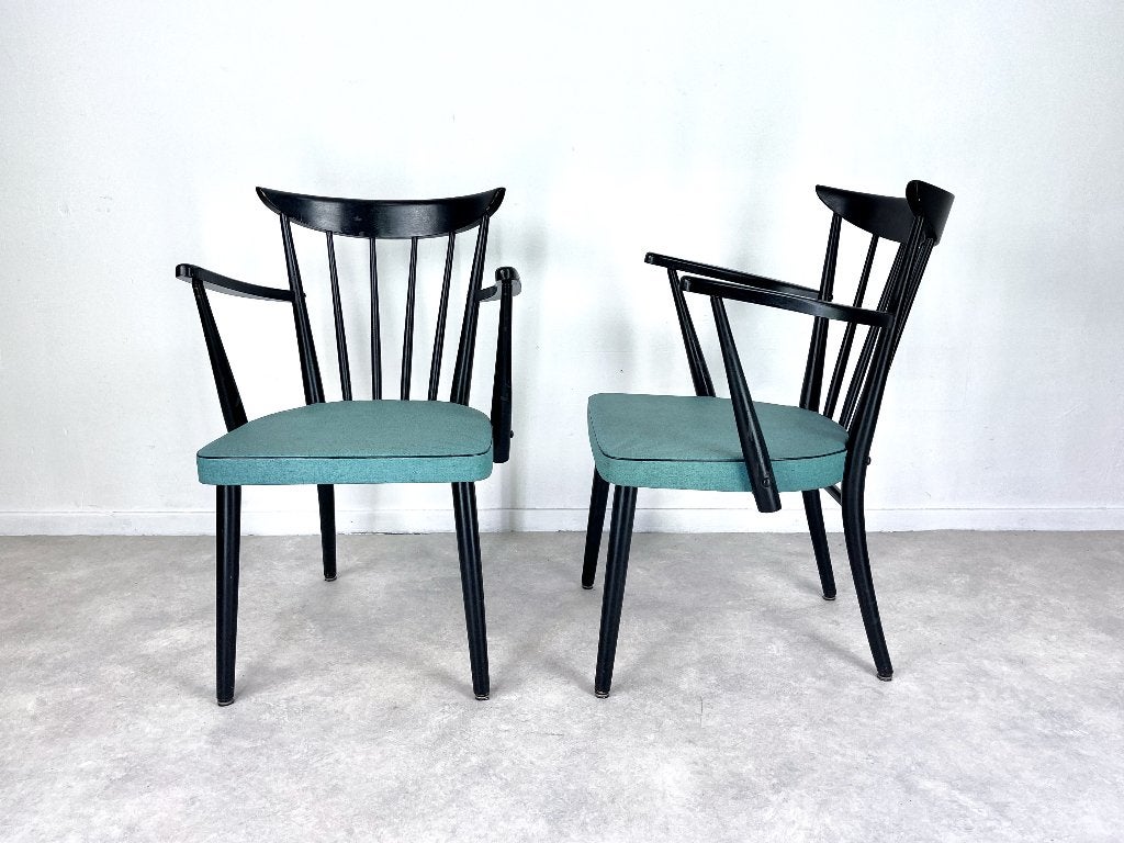 set spijlenstoelen hout armleuning turqoise zitting 60s, Ophalen, Gebruikt, Twee, Overige kleuren
