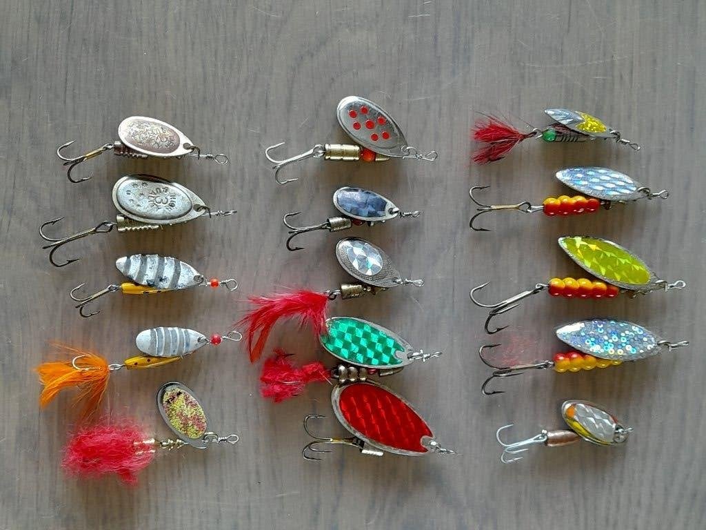 Set van 15 verzwaarde spinners van 4 tot 14 gram als nieuw, Ophalen of Verzenden, Zo goed als nieuw, Kunstaas