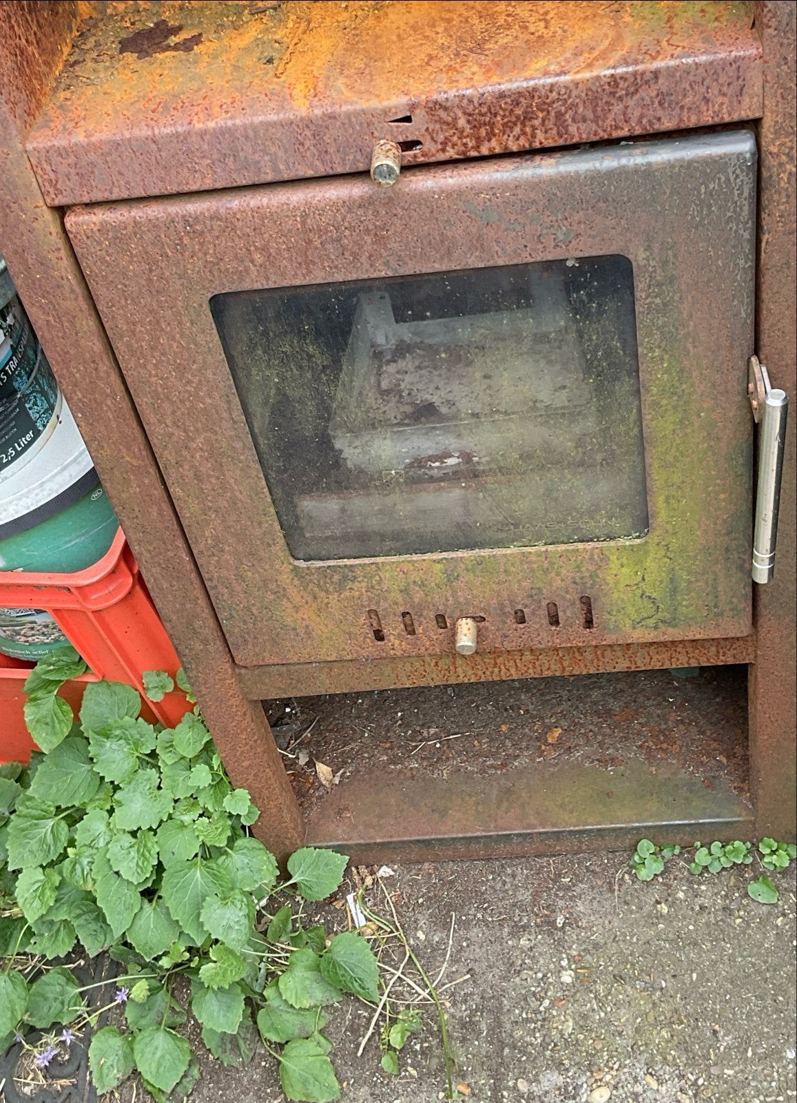 Oude roestige schuurvondst houtkachel - opknapper, Huis en Inrichting, Haarden, Gebruikt, Houthaard, Ophalen