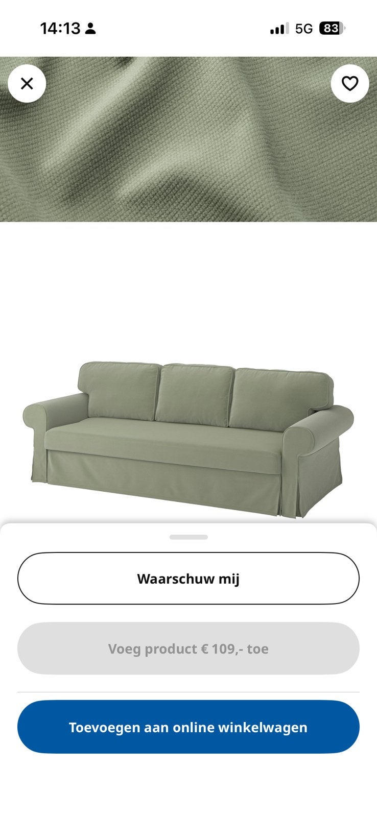 IKEA VRETSTORP hoes 3-zits slaapbank – Hakebo grijsgroen, Ophalen of Verzenden, Nieuw, Tweepersoons