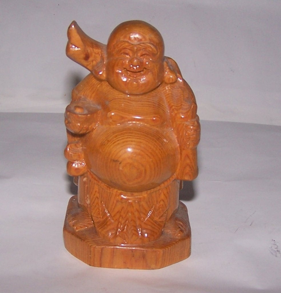 Prachtig handgesneden houten beeldje lachende Boedha. H.11cm, Antiek en Kunst, Houtsnijwerk, Minder dan 20 cm, Ophalen of Verzenden