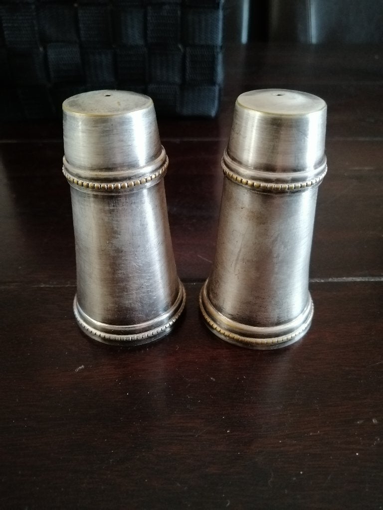 Vintage verzilverde metalen peper en zout stel met parelrand, Ophalen of Verzenden