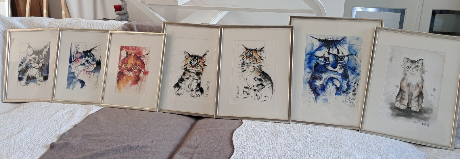 7 Aquarellen met Katten, Ophalen, Tekening, Aquarel, Ingelijst