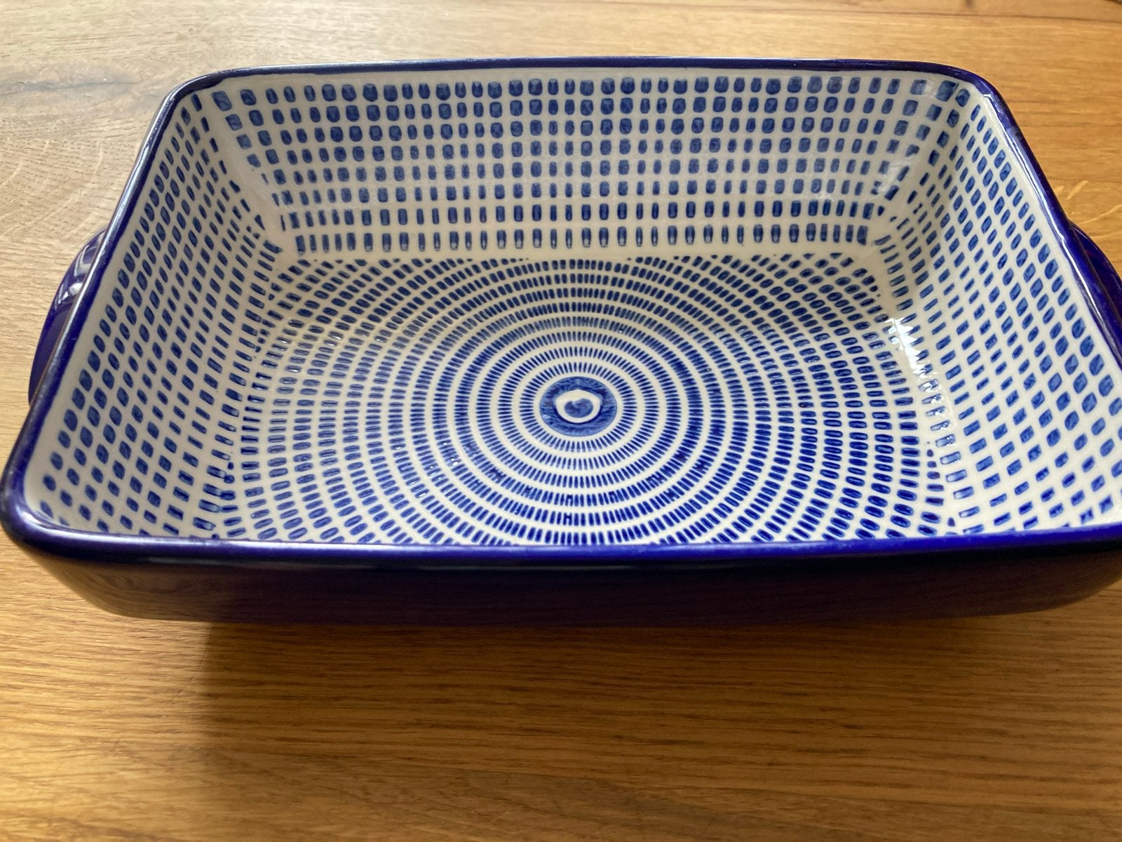 Ovenschaal blauw/wit met patroon - Keramiek, Keramiek, Overige typen, Ophalen of Verzenden, Zo goed als nieuw