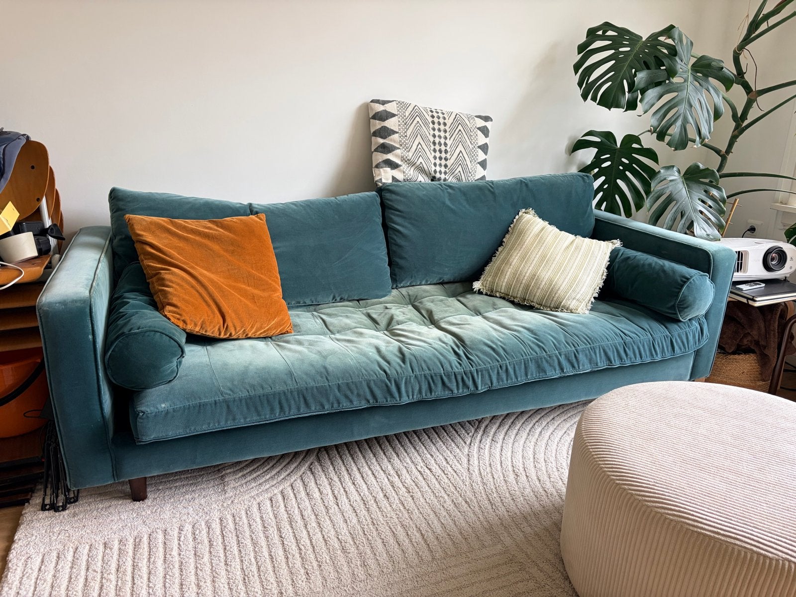Donkergroene Designer Couch met Witte Poef - Super Comfortab, Ophalen, Gebruikt, Driepersoons, 75 tot 100 cm