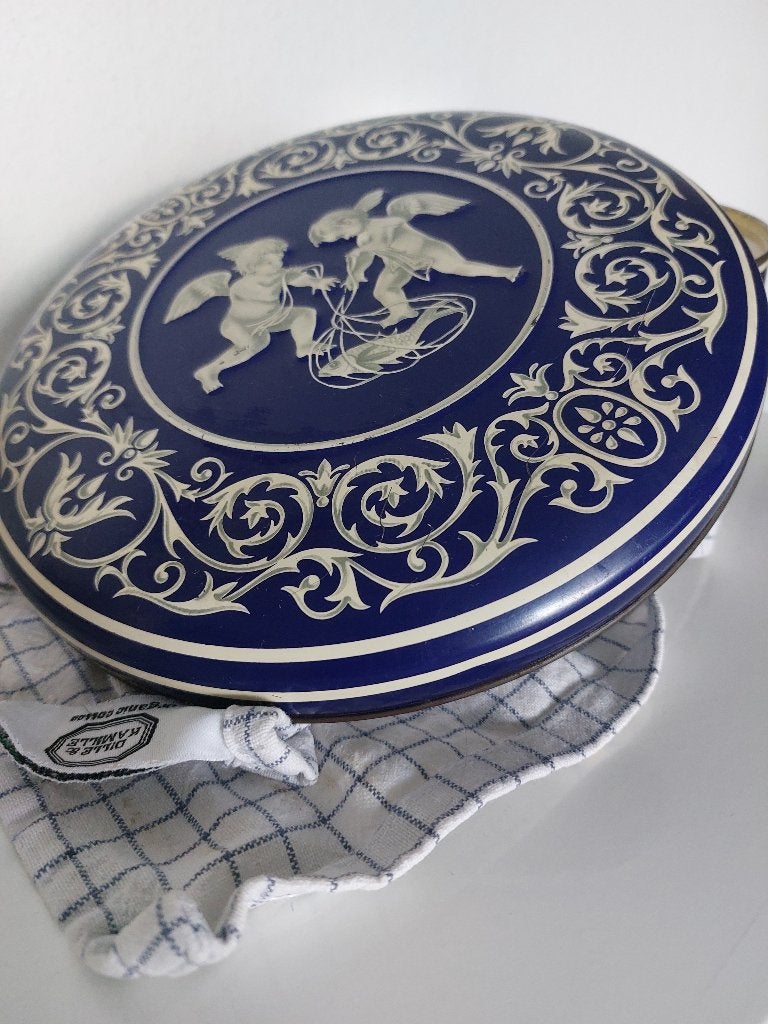 cherubijntjes jaren 60 Koektrommel blik blauw wit, Verzamelen, Blikken, Ophalen, Zo goed als nieuw, Koek(jes), Overige merken