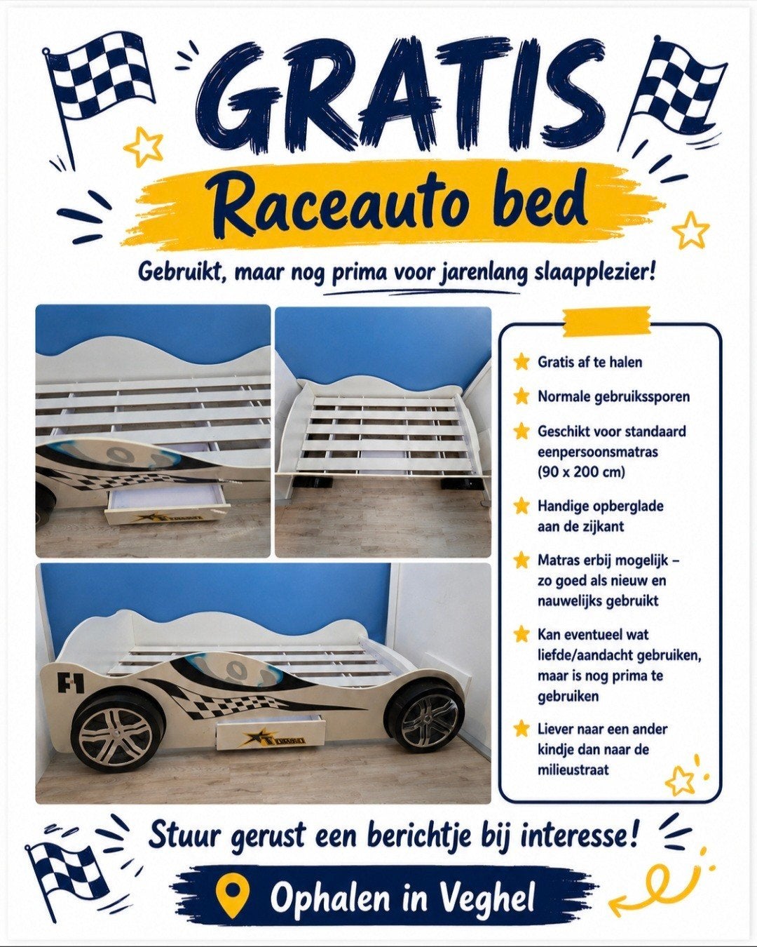 Raceauto kinderbed - GRATIS, Kinderen en Baby's, Ophalen, Gebruikt, 180 cm of meer, 100 cm of meer