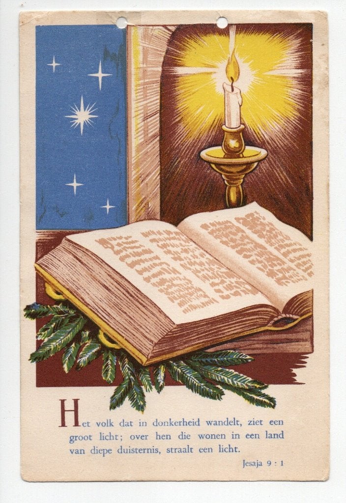 Religie. Oude kaart met Bijbeltekst en Kaarslicht, Verzamelen, Ophalen of Verzenden, 1940 tot 1960, Ongelopen, Feest(dag)