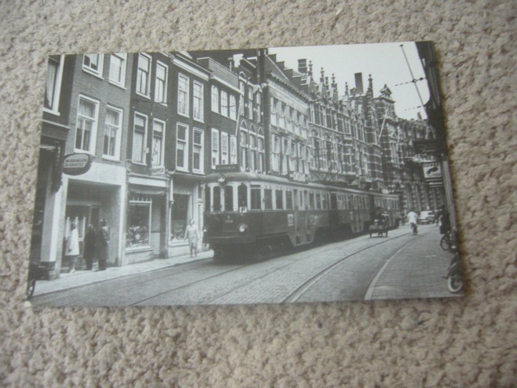 LEIDEN = BLAUWE TRAM BREESTRAAT BIJ VOORM. POSTKANTOOR, Ophalen of Verzenden, 1940 tot 1960, Ongelopen, Zuid-Holland