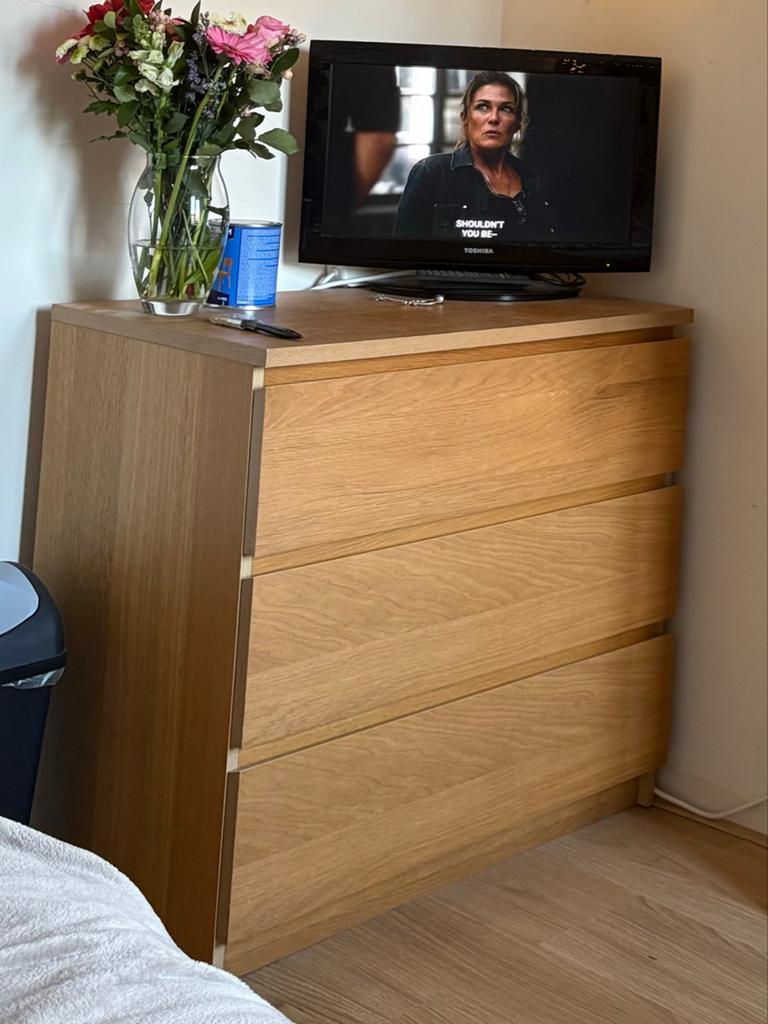 IKEA MALM Ladekast met 3 lades - Eikenfineer, Huis en Inrichting, Kasten | Ladekasten, Gebruikt, 25 tot 50 cm, Overige houtsoorten