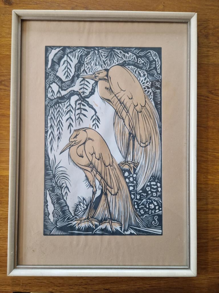 JAN SCHONK - houtsnede met 2 reigers - ca 1926 Art Deco, Ophalen of Verzenden