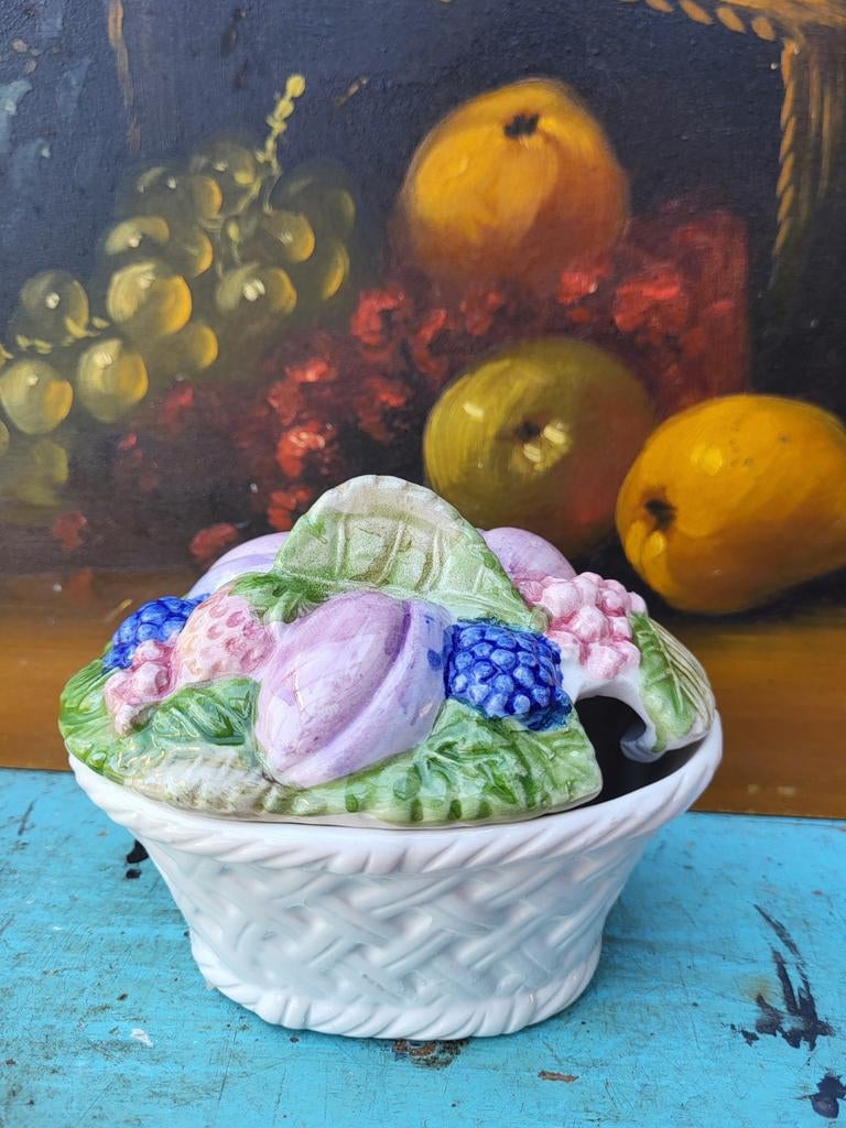 Vintage Barbotine Jampotje met Fruitdecor  Toen was geluk, Ophalen of Verzenden