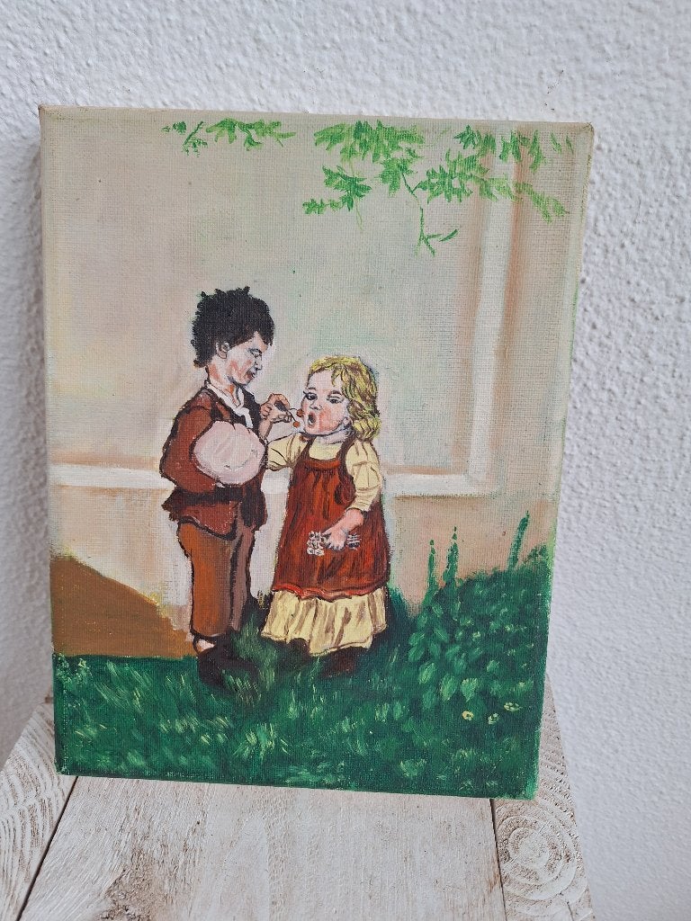 Vintage Schilderijtje op linnendoek - Kinderen, Ophalen, Doek, Portret of Personen, Handgeschilderd