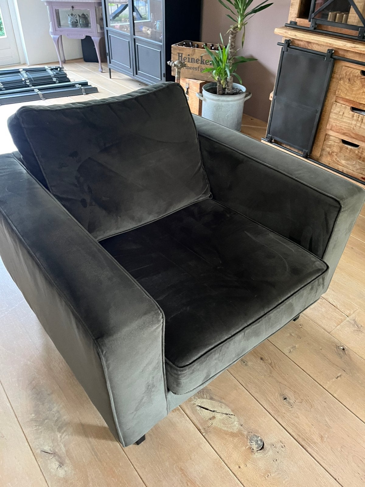 Woood fauteuil flueel groen, Ophalen, Gebruikt, Eenpersoons, 75 tot 100 cm