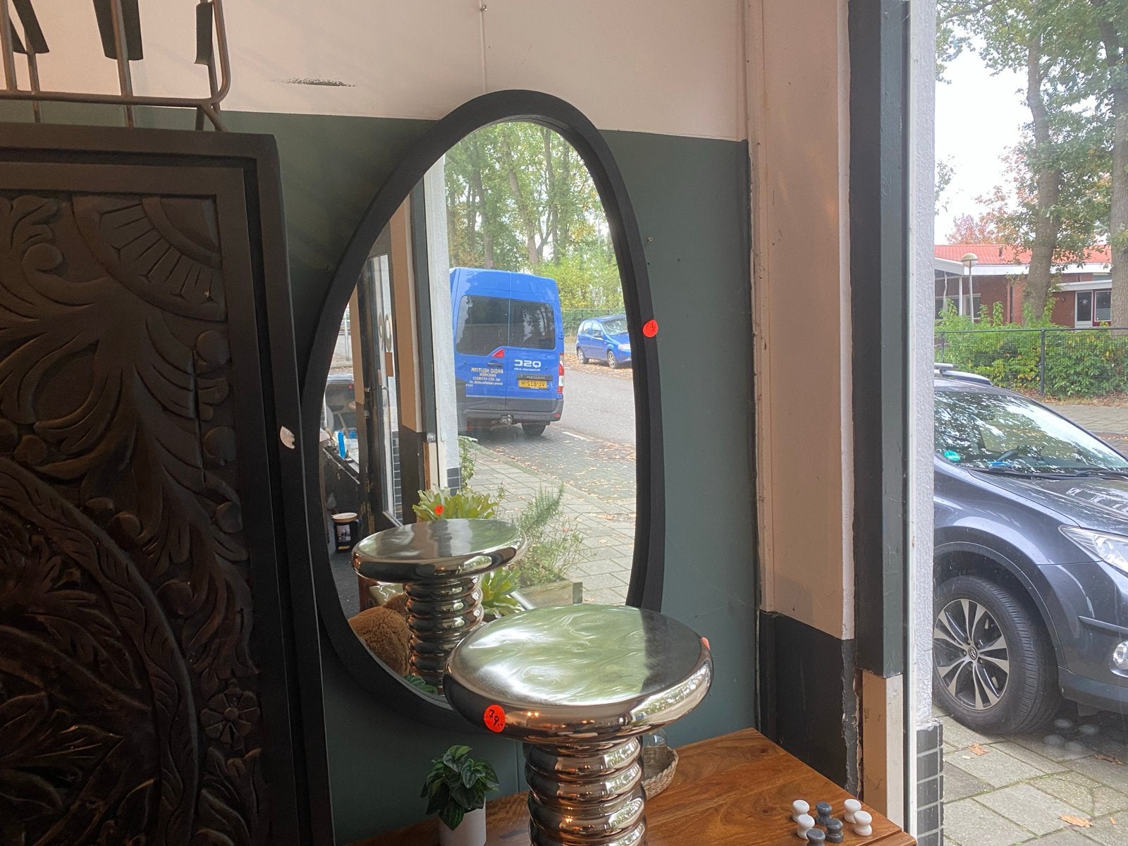 Organische spiegel 103x80 met mangohouten lijst - Nieuw, Ophalen, C, 100 tot 150 cm, Nieuw