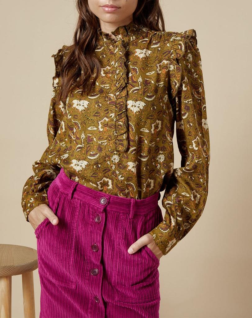 HARTFORD groen bruin roesjes blouse  Maat 38, Maat 38/40 (M), Ophalen of Verzenden, Zo goed als nieuw, Hartford
